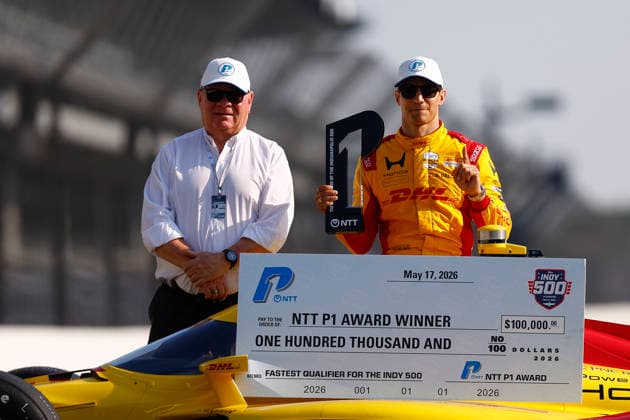 INDIANAPOLIS, IN - MAY 18: Pole sitter Alex Palou (10) Chip Ganassi Racing Honda and Team Owner Chip Ganassi during the NTT IndyCar, Indy Car, IRL, USA Series Indianapolis 500 front row photoshoot at Indianapolis Motor Speedway in Indianapolis, IN. (Photo by Jeffrey Brown Icon Sportswire) AUTO: MAY 18 NTT IndyCar Series Indianapolis 500 Practice EDITORIAL USE ONLY Icon05126029