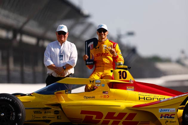 INDIANAPOLIS, IN - MAY 18: Pole sitter Alex Palou (10) Chip Ganassi Racing Honda an Team Owner Chip Ganassi during the NTT IndyCar, Indy Car, IRL, USA Series Indianapolis 500 front row photoshoot at Indianapolis Motor Speedway in Indianapolis, IN. (Photo by Jeffrey Brown Icon Sportswire) AUTO: MAY 18 NTT IndyCar Series Indianapolis 500 Practice EDITORIAL USE ONLY Icon05126032