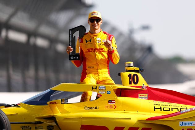 INDIANAPOLIS, IN - MAY 18: Pole sitter Alex Palou (10) Chip Ganassi Racing Honda with the P1 Trophy during the NTT IndyCar, Indy Car, IRL, USA Series Indianapolis 500 front row photoshoot at Indianapolis Motor Speedway in Indianapolis, IN. (Photo by Jeffrey Brown Icon Sportswire) AUTO: MAY 18 NTT IndyCar Series Indianapolis 500 Practice EDITORIAL USE ONLY Icon05126039