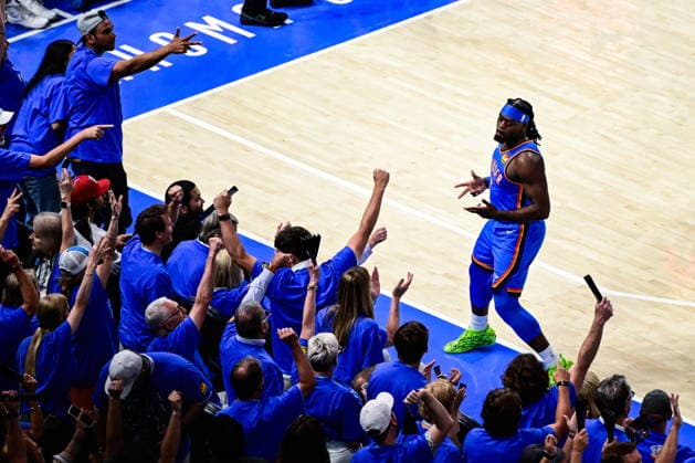 NBA, Basketball Herren, USA Western Conference Finals Game 1 - San Antonio Spurs at Oklahoma City Thunder Oklahoma City Thunder guard Luguentz Dort gestures during game 1 of the NBA Western Conference Finals between Oklahoma City Thunder and San Antonio Spurs in Oklahoma City, Oklahoma, USA, 18 May 2026. Oklahoma City United States  Copyright: xGERALDxLEONGx