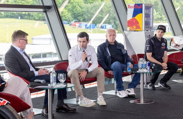 MOTORSPORTS - MotoGP, GP of Austria 2026 SPIELBERG,AUSTRIA,19.MAY.26 - MOTORSPORTS - MotoGP, Grand Prix of Austria, Red Bull Ring, preview, media day. Image shows general manager Thomas Ueberall (Red Bull Ring), sporting director Carlos Ezpeleta (MotoGP), Helmut Marko and technical director Jason Kehl (Harley Davidson Factory).  GEPAxpictures xHaraldxSteiner