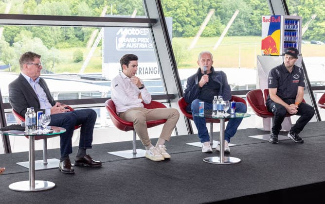MOTORSPORTS - MotoGP, GP of Austria 2026 SPIELBERG,AUSTRIA,19.MAY.26 - MOTORSPORTS - MotoGP, Grand Prix of Austria, Red Bull Ring, preview, media day. Image shows general manager Thomas Ueberall (Red Bull Ring), sporting director Carlos Ezpeleta (MotoGP), Helmut Marko and technical director Jason Kehl (Harley Davidson Factory)  GEPAxpictures xHaraldxSteiner