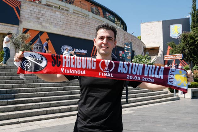 Istanbul, Turkey, 19th May 2026. A fan holds up a scarf ahead of the SC Freiburg vs Aston Villa UEFA Europa League Final match at Besiktas Park, Istanbul. Picture credit should read: Cody Froggatt Sportimage EDITORIAL USE ONLY. No use with unauthorised audio, video, data, fixture lists, club league logos or live services. Online in-match use limited to 120 images, no video emulation. No use in betting, games or single club league player publications. SPI_005_CF_SC_FREIBURG_V_ASTON_VILLA SPI-4796-0005