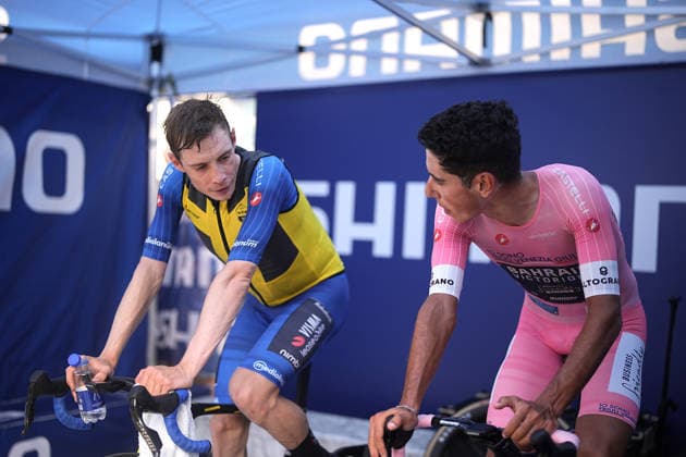 Denmark™s Jonas Vingegaard Hansen of Team Visma Lease A Bike and Portugal™s Afonso Oliveira Eulalio of Bahrain Victorious pink jersey during Stage 10, an individual time trial at the Giro d™Italia, from Viareggio to Massa, Italy, Tuesday, May 19, 2026.  Copyright: xMarcoxAlpozzi LaPressex