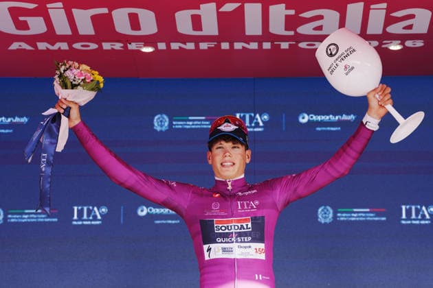 France™s Paul Magnier of Soudal Quick-Step cyclamen jersey during Stage 10, an individual time trial at the Giro d™Italia, from Viareggio to Massa, Italy, Tuesday, May 19, 2026.  Copyright: xGianxMattiaxD Albertox xLaPressex