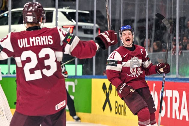 ZURICH, SWITZERLAND MAY 19 Rudolfs Balcers of Latvia R celebrates his goal with Sandis Vilmanis of Latvia L during the 2026 IIHF Ice Hockey World Championship Switzerland game between Latvia and Austria at Swiss Life Arena on May 19, 2026 in Zurich, Zurich Zurich Swiss Life Arena Zurich Switzerland Copyright: xJustPictures.ch AndreaxBrancax jp-en-EuSpIm-JP7_ANB_Lat_Aut_19052026_4092