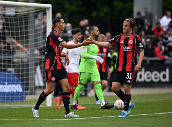 19 05 2026, xjhx, Fußball Testspiel, RW Frankfurt Eintracht Frankfurt v l Younes Ebnoutalib Eintracht Frankfurt , Love Arrhov Eintracht Frankfurt celebrate the goal, Der Torjubel zum 1 0 DFL DFB REGULATIONS PROHIBIT ANY USE OF PHOTOGRAPHS as IMAGE SEQUENCES and or QUASI VIDEO Frankfurt am Main