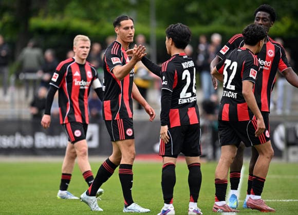 19 05 2026, xjhx, Fußball Testspiel, RW Frankfurt Eintracht Frankfurt v l Younes Ebnoutalib Eintracht Frankfurt , Keita Kosugi Eintracht Frankfurt celebrate the goal, Der Torjubel zum 1 0 DFL DFB REGULATIONS PROHIBIT ANY USE OF PHOTOGRAPHS as IMAGE SEQUENCES and or QUASI VIDEO Frankfurt am Main