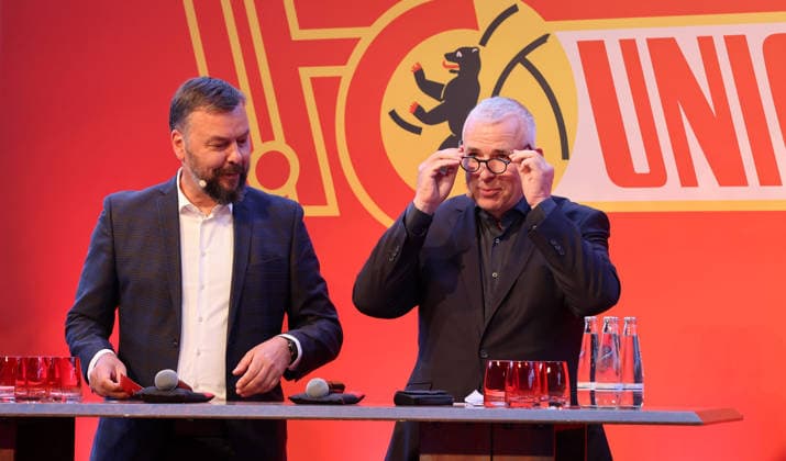 Press spokesman Christian Arbeit, President Dirk Zingler MV General Meeting at Stadion An der Alten Försterei Sport Football Soccer Bundesliga Men DFL Season 2025 2026 19 05 2026 1 FC Union Berlin FCU