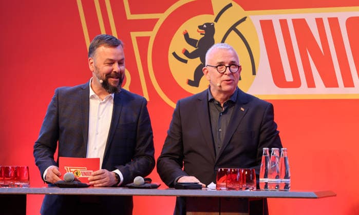 Press spokesman Christian Arbeit, President Dirk Zingler MV General Meeting at Stadion An der Alten Försterei Sport Football Soccer Bundesliga Men DFL Season 2025 2026 19 05 2026 1 FC Union Berlin FCU