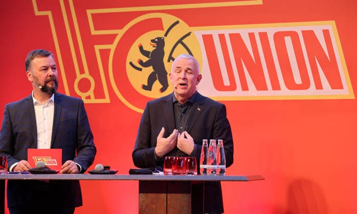 Press spokesman Christian Arbeit, President Dirk Zingler MV General Meeting at Stadion An der Alten Försterei Sport Football Soccer Bundesliga Men DFL Season 2025 2026 19 05 2026 1 FC Union Berlin FCU