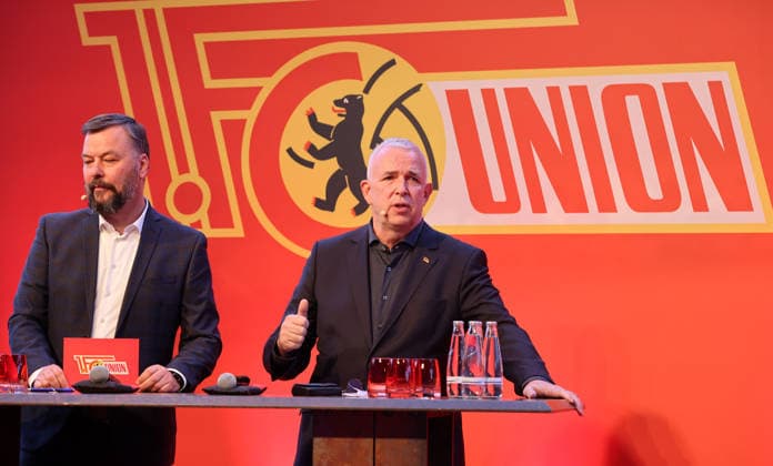 Press spokesman Christian Arbeit, President Dirk Zingler MV General Meeting at Stadion An der Alten Försterei Sport Football Soccer Bundesliga Men DFL Season 2025 2026 19 05 2026 1 FC Union Berlin FCU