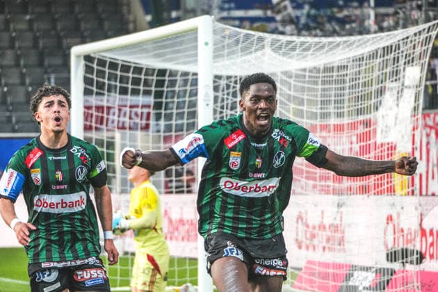 Soccer Austria, Admiral Bundesliga European Cup Playoff ECL 2025 2026, SV Oberbank Ried vs Wolfsberger AC WAC BWT x Oberösterreichische Arena Ried Kingstone Mutandwa SV Oberbank Ried with the goal to 1 0 cheers, goal celebration Copyright: xLukasxBierederx