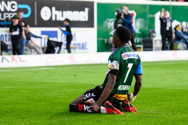 SOCCER - BL, Ried vs WAC RIED,AUSTRIA,19.MAY.26 - SOCCER - ADMIRAL Bundesliga, Europacup play off, SV Ried vs Wolfsberger AC. Image shows the rejoicing of Kingstone Mutandwa (Ried).  GEPAxpictures xDanielaxMoser