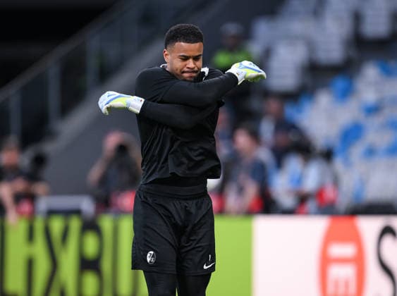 FOOTBALL EUROPA LEAGUE SEASON 2025 2026 Final in Istanbul 19 05 2026 SC Freiburg Aston Villa Training SC Freiburg at Besiktas Park Stadium, Goalkeeper Noah Atubolu warming up