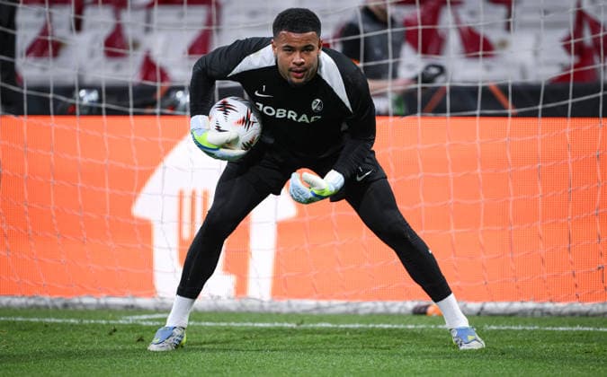FOOTBALL EUROPA LEAGUE SEASON 2025 2026 Final in Istanbul 19 05 2026 SC Freiburg Aston Villa Training SC Freiburg at Besiktas Park Stadium, Goalkeeper Noah Atubolu
