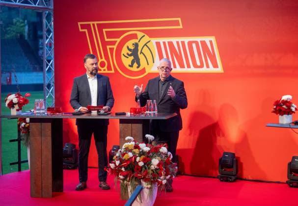 Soccer, Men, Season 2025 2026, 1 Bundesliga, 1 FC Union Berlin, Ordinary General Meeting at Stadion An der Alten Försterei, from l Member of the Presidium, Managing Director Communications and Press and Stadium Spokesman Christian Arbeit 1 FC Union , President Dirk Zingler 1 FC Union , 19 05 2026, Copyright: xMatthiasxKochx