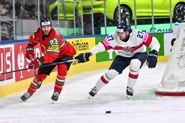 ZURICH, SWITZERLAND MAY 19 Zeteny Hadobas of Hungary and Cole Shudra of Great Britain in a battle for the puck during the 2026 IIHF Ice Hockey World Championship Switzerland game between Hungary and Great Britain at Swiss Life Arena on May 19, 2026 in Zurich, Zurich Zurich Swiss Life Arena Zurich Switzerland Switzerland Copyright: xJustPictures.ch AndreaxBrancax jp-en-EuSpIm-JP7_ANB_Lat_Aut_19052026_5247