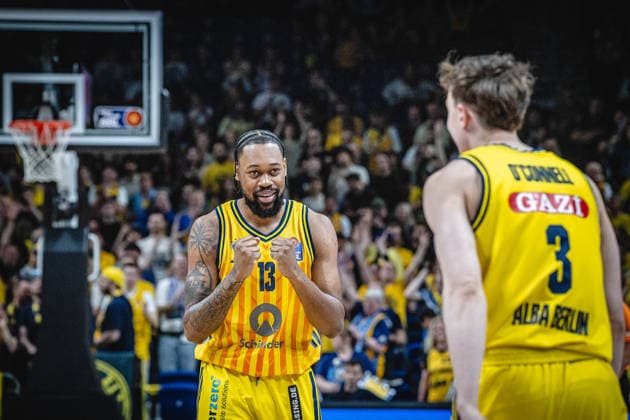 Basketball Berlin 19 05 2026 Season 2025 2026 EasyCredit BBL 1 Bundesliga Men, Men Playoffs Quarterfinals Game 2 Alba Berlin RASTA Vechta J wan Roberts Alba Berlin, No 13 Alex O Connell Alba Berlin, No 03 Jubel