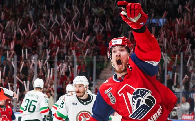 Russia Ice hockey, Eishockey Kontinental League Lokomotiv - Ak Bars 9169285 19.05.2026 Lokomotiv s Nikita Kiryanov celebrates after scoring his team s second goal during the Kontinental Hockey League final play-off ice hockey match between Lokomotiv Yaroslavl and Ak Bars Kazan in Yaroslavl, Russia. Yaroslav Neyelov Sputnik Yaroslavl Russia  Copyright: xYaroslavxNeyelovx