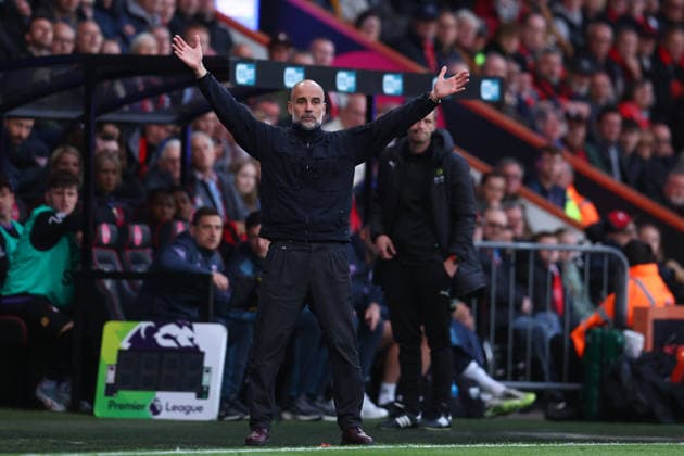 Bournemouth, England, 19th May 2026. Pep Guardiola, Manager of Manchester City during the AFC Bournemouth vs Manchester City Premier League match at the Vitality Stadium, Bournemouth. Picture credit should read: Paul Terry Sportimage EDITORIAL USE ONLY. No use with unauthorised audio, video, data, fixture lists, club league logos or live services. Online in-match use limited to 120 images, no video emulation. No use in betting, games or single club league player publications. SPI_016_PT_Bournemouth_Man_City SPI-4809-0016