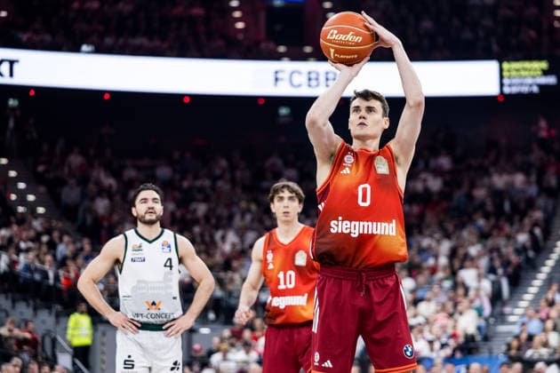 MUNICH, GERMANY - MAY 19: Neno Dimitrijevic (FC Bayern Muenchen, 0) shoots from the freethrow line during the easyCredit Basketball Bundesliga Playoffs Quarterfinal Game 2 between FC Bayern Muenchen vs. Vet-Concept Gladiators Trier at SAP Garden on match 2 of the Playoffs Quarterfinals Best of Five of easyCredit Basketball Bundesliga on May 19, 2026 in Munich, Germany. Bavaria Germany Copyright: xSteffiexWunderlx