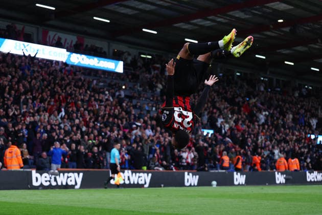 Bournemouth, England, 19th May 2026. Eli Junior Kroupi of Bournemouth celebrates after scoring to make it 1-0 during the AFC Bournemouth vs Manchester City Premier League match at the Vitality Stadium, Bournemouth. Picture credit should read: Paul Terry Sportimage EDITORIAL USE ONLY. No use with unauthorised audio, video, data, fixture lists, club league logos or live services. Online in-match use limited to 120 images, no video emulation. No use in betting, games or single club league player publications. SPI_019_PT_Bournemouth_Man_City SPI-4809-0019