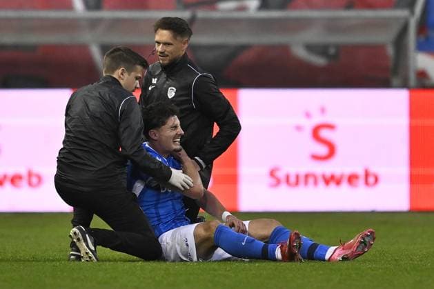 Genk s Robin Mirisola looks injured during a soccer match between KRC Genk and Royal Antwerp FC, Tuesday 19 May 2026 in Genk, on the ninth day of the Europe Play-offs (PO 2) of the 2025-2026 Jupiler Pro League first division of the Belgian championship. JOHAN EYCKENS JohanxEyckens  x174443188x