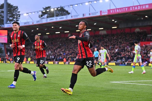 Bournemouth v Manchester City, Premier League Goal 1-0 - Eli Junior Kroupi (22) of AFC Bournemouth celebrates scoring the opening goal during the Premier League match between Bournemouth and Manchester City at the Vitality Stadium, Bournemouth, UK on 19 May 2026. Bournemouth Vitality Stadium Dorset UK Editorial use only DataCo restrictions apply See www.football-dataco.com , Copyright: xGrahamxHuntx PSI-24285-0058