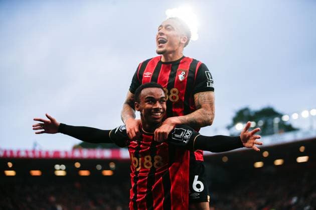 Eli Junior Kroupi celebrates scoring the opening goal for Bournemouth with Tyler Adams AFC Bournmeouth v Manchester City, Football, Premier League, Vitality Stadium, Bournemouth, Dorset, UK - 19 05 2026 EDITORIAL USE ONLY No use with unauthorised audio, video, data, fixture lists, club league logos or live services. Online in-match use limited to 120 images, no video emulation. No use in betting, games or single club league player publications. Copyright: xMattxImpey Shutterstockx 16884011v