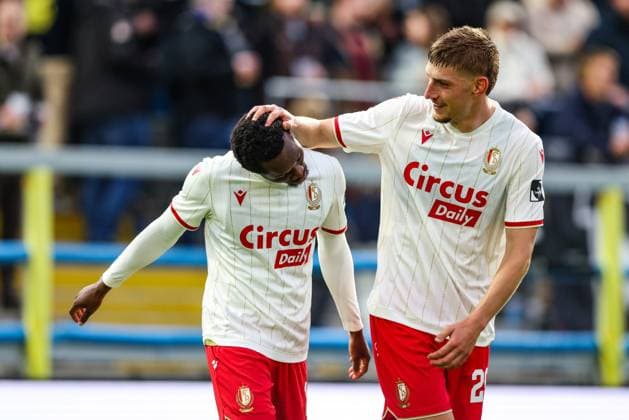 Standard s Rafiki Said and Standard s Daan Dierckx celebrate during a soccer match between KVC Westerlo and Standard de Liege, Tuesday 19 May 2026 in Westerlo, on the ninth day of the Europe Play-offs (PO2) of the 2025-2026 Jupiler Pro League first division of the Belgian championship. BRUNOxFAHY  x174447412x