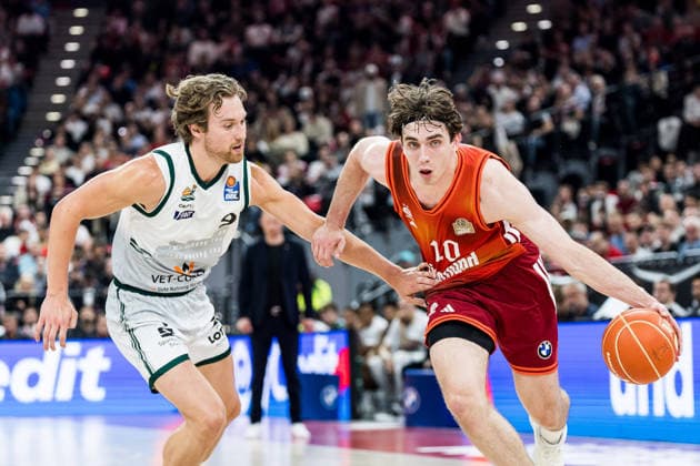 MUNICH, GERMANY - MAY 19: Justinian Jessup (FC Bayern Muenchen, 10) controls the ball against Marco Hollersbacher (Vet-Concept Gladiators Trier, 9) during the easyCredit Basketball Bundesliga Playoffs Quarterfinal Game 2 between FC Bayern Muenchen vs. Vet-Concept Gladiators Trier at SAP Garden on match 2 of the Playoffs Quarterfinals Best of Five of easyCredit Basketball Bundesliga on May 19, 2026 in Munich, Germany. Bavaria Germany Copyright: xSteffiexWunderlx