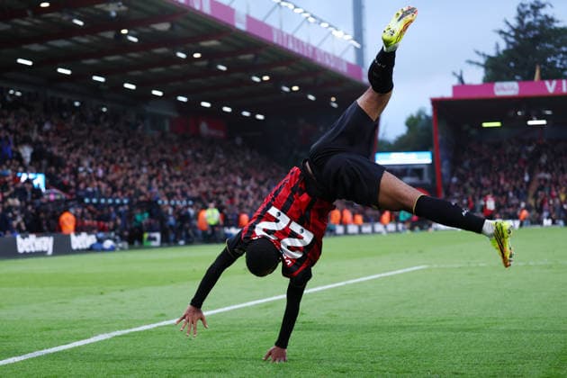 Bournemouth, England, 19th May 2026. Eli Junior Kroupi of Bournemouth celebrates after scoring to make it 1-0 during the AFC Bournemouth vs Manchester City Premier League match at the Vitality Stadium, Bournemouth. Picture credit should read: Paul Terry Sportimage EDITORIAL USE ONLY. No use with unauthorised audio, video, data, fixture lists, club league logos or live services. Online in-match use limited to 120 images, no video emulation. No use in betting, games or single club league player publications. SPI_025_PT_Bournemouth_Man_City SPI-4809-0025