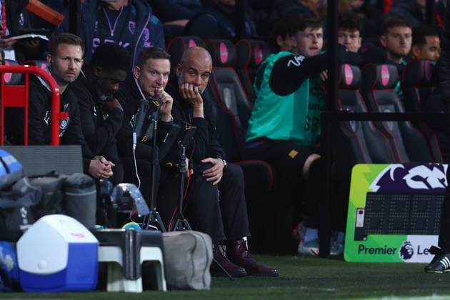 Bournemouth, England, 19th May 2026. Pep Guardiola, Manager of Manchester City looks dejected during the AFC Bournemouth vs Manchester City Premier League match at the Vitality Stadium, Bournemouth. Picture credit should read: Paul Terry Sportimage EDITORIAL USE ONLY. No use with unauthorised audio, video, data, fixture lists, club league logos or live services. Online in-match use limited to 120 images, no video emulation. No use in betting, games or single club league player publications. SPI_032_PT_Bournemouth_Man_City SPI-4809-0032
