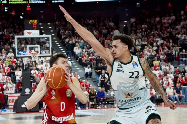 German Basketball Bundesliga BBL , FC Bayern Munich Basketball vs VET CONCEPT GLADIATORS Trier, Munich FC Bayern Basketball, Trier VET CONCEPT GLADIATORS, 2026 05 19 in Munich SAP Garden DIMITRIJEVIC Neno FC Bayern Munich Basketball Guard Nr 0 BAY0 , ADEKUNLE Nolan VET CONCEPT GLADIATORS TRIER Small Forward SF Nr22 TRI22 sportworld Munich SAP Garden Bayern Germany