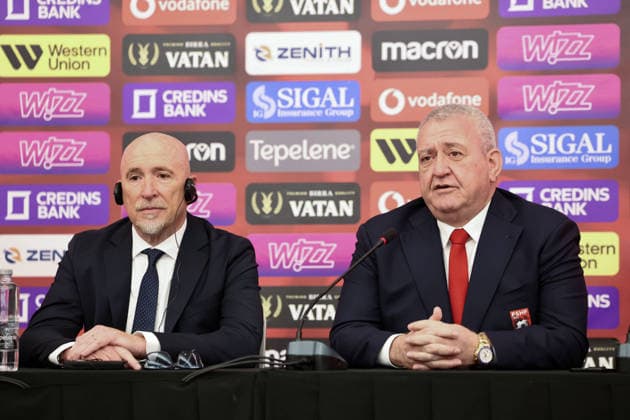 Italian Rolando Maran the New Coach of Albania Football Team in Tirana, Albania. Italian Rolando Maran and President of the Albanian Soccer Federation Armand Duka (R), attend a press conference, PK, Pressekonferenz where Maran is presented as the new Head Coach of the Albanian National Soccer Team in Tirana, Albania, on May 19, 2026. Light Studio Agency Stringer Tirana Albania Copyright: xLightxStudioxAgencyx xStringerx