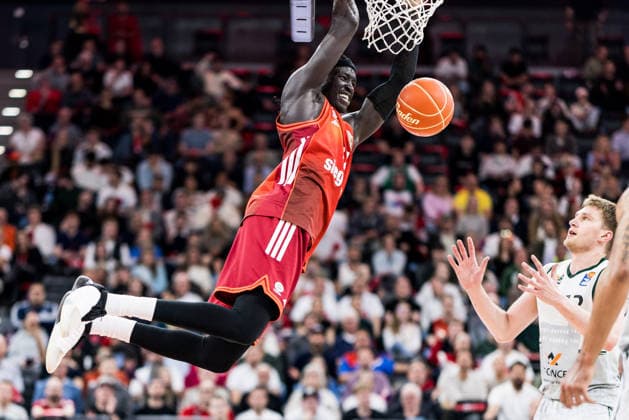 MUNICH, GERMANY - MAY 19: Wenyen Gabriel (FC Bayern Muenchen, 32) hanging on the basket after a dunk during the easyCredit Basketball Bundesliga Playoffs Quarterfinal Game 2 between FC Bayern Muenchen vs. Vet-Concept Gladiators Trier at SAP Garden on match 2 of the Playoffs Quarterfinals Best of Five of easyCredit Basketball Bundesliga on May 19, 2026 in Munich, Germany. Bavaria Germany Copyright: xSteffiexWunderlx