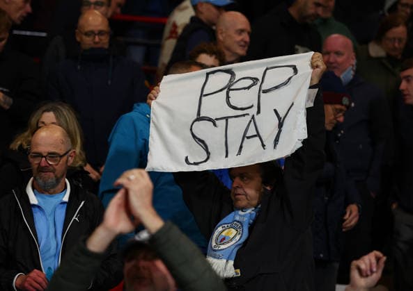 Bournemouth, England, 19th May 2026. Manchester City fans with a sign saying ˜Pep Stay™ during the AFC Bournemouth vs Manchester City Premier League match at the Vitality Stadium, Bournemouth. Picture credit should read: Paul Terry Sportimage EDITORIAL USE ONLY. No use with unauthorised audio, video, data, fixture lists, club league logos or live services. Online in-match use limited to 120 images, no video emulation. No use in betting, games or single club league player publications. SPI_055_PT_Bournemouth_Man_City SPI-4809-0055