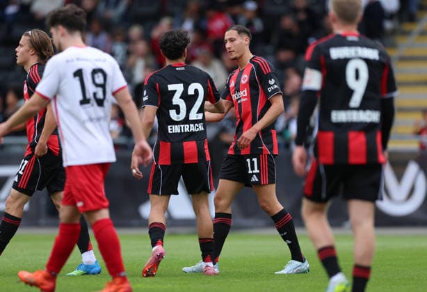 19 05 2026, Soccer test match, 125 years Rot Weiss Frankfurt, SG Rot Weiss Frankfurt Eintracht Frankfurt, v l , Goal celebration to 0 1 by Younes Ebnoutalib Eintracht Frankfurt , Goal celebration, celebrate the goal DFL DFB REGULATIONS PROHIBIT ANY USE OF PHOTOGRAPHS AS IMAGE SEQUENCES AND OR QUASI VIDEO xdcx Copyright: HMBxMedia Claus