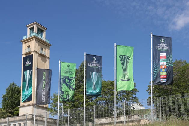 UEFA Conference League Final preparations in Leipzig, 19 05 26 The bell tower at Leipzig Stadium prepares for the UEFA Conference League Final Branding, flags and logos around the stadium, 19 05 26 Copyright: xBEAUTIFULxSPORTS JanxKaeferx