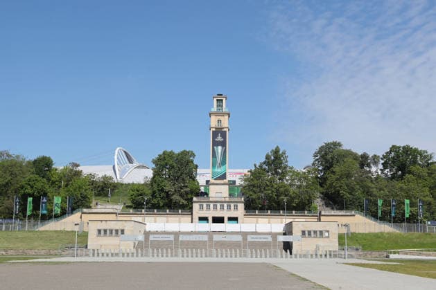 UEFA Conference League Final preparations in Leipzig, 19 05 26 The bell tower at Leipzig Stadium prepares for the UEFA Conference League Final Branding, flags and logos around the stadium, 19 05 26 Copyright: xBEAUTIFULxSPORTS JanxKaeferx