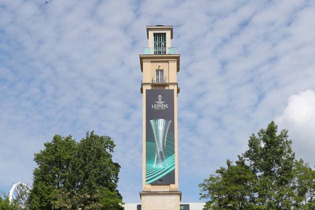 UEFA Conference League Final preparations in Leipzig, 19 05 26 The bell tower at Leipzig Stadium prepares for the UEFA Conference League Final Branding, flags and logos around the stadium, 19 05 26 Copyright: xBEAUTIFULxSPORTS JanxKaeferx