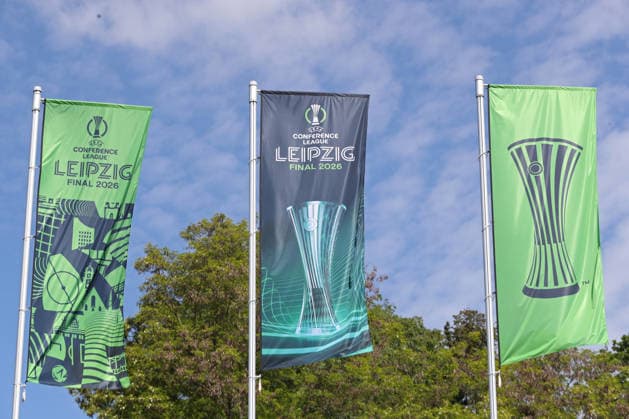 UEFA Conference League Final preparations in Leipzig, 19 05 26 Leipzig prepares for the UEFA Conference League Final Branding, flags and logos around the stadium, 19 05 26 Copyright: xBEAUTIFULxSPORTS JanxKaeferx