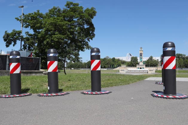 UEFA Conference League Final preparations in Leipzig, 19 05 26 Security measures, bollards, with bell tower at the stadium Leipzig prepares for the UEFA Conference League Final Branding, flags and logos around the stadium, 19 05 26 Copyright: xBEAUTIFULxSPORTS JanxKaeferx