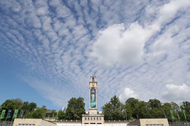 UEFA Conference League Final preparations in Leipzig, 19 05 26 The bell tower at Leipzig Stadium prepares for the UEFA Conference League Final Branding, flags and logos around the stadium, 19 05 26 Copyright: xBEAUTIFULxSPORTS JanxKaeferx
