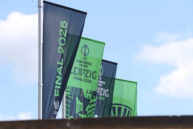 UEFA Conference League Final preparations in Leipzig, 19 05 26 Leipzig prepares for the UEFA Conference League Final Branding, flags and logos around the stadium, 19 05 26 Copyright: xBEAUTIFULxSPORTS JanxKaeferx
