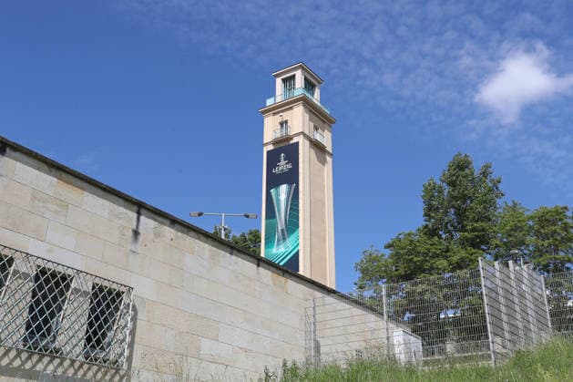 UEFA Conference League Final preparations in Leipzig, 19 05 26 The bell tower at Leipzig Stadium prepares for the UEFA Conference League Final Branding, flags and logos around the stadium, 19 05 26 Copyright: xBEAUTIFULxSPORTS JanxKaeferx