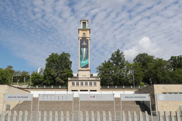 UEFA Conference League Final preparations in Leipzig, 19 05 26 The bell tower at Leipzig Stadium prepares for the UEFA Conference League Final Branding, flags and logos around the stadium, 19 05 26 Copyright: xBEAUTIFULxSPORTS JanxKaeferx