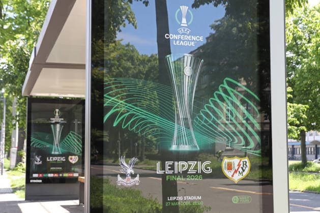 UEFA Conference League Final preparations in Leipzig, 19 05 26 Tram stop with the match announcement Leipzig prepares for the UEFA Conference League Final Branding, flags and logos around the stadium, 19 05 26 Copyright: xBEAUTIFULxSPORTS JanxKaeferx