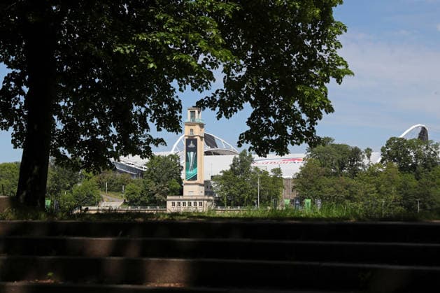 UEFA Conference League Final preparations in Leipzig, 19 05 26 The bell tower at Leipzig Stadium prepares for the UEFA Conference League Final Branding, flags and logos around the stadium, 19 05 26 Copyright: xBEAUTIFULxSPORTS JanxKaeferx